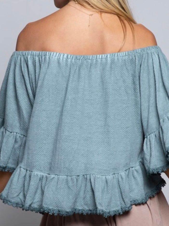 Blue Sage Flared Off Shoulder Top