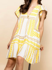 Yellow Aztec V Neck Short Dress