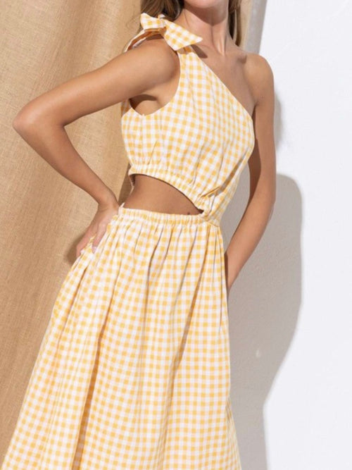 Yellow Plaid Cutout One Shoulder Midi Dress
