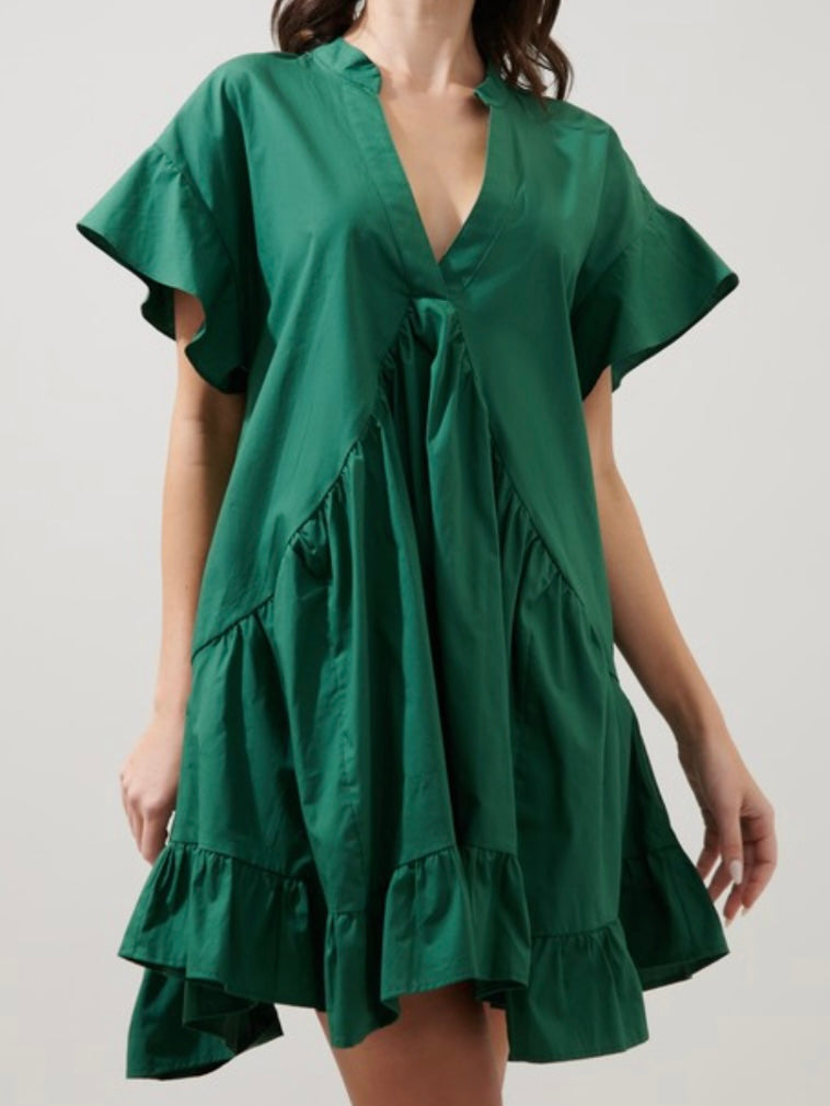 Emerald V Neck Tiered Short Dress