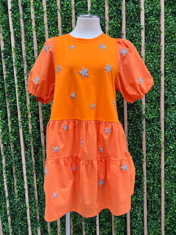 Orange Silver Star Tiered Short Dress