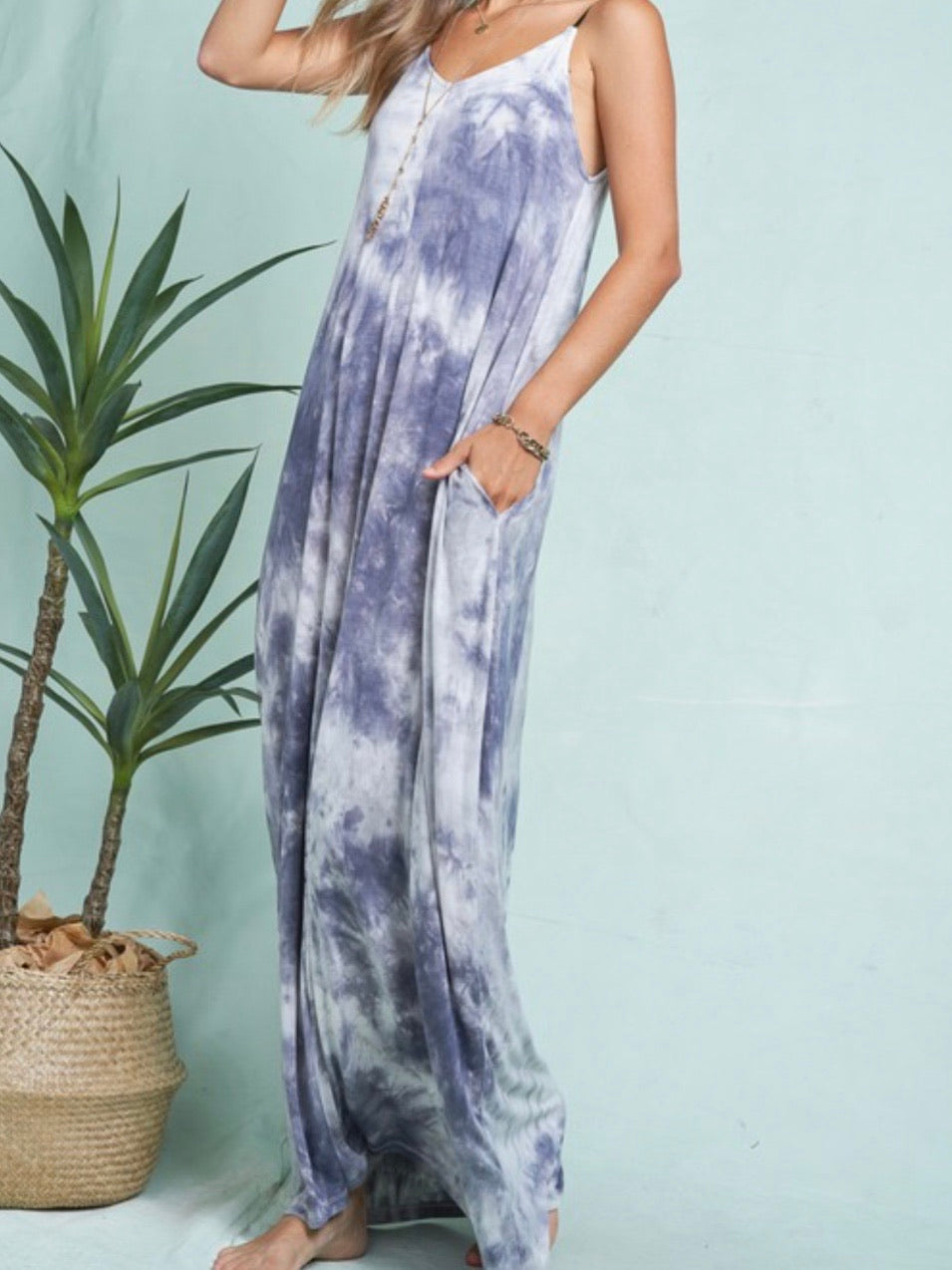 Blue Grey Tie Dye Strap Maxi