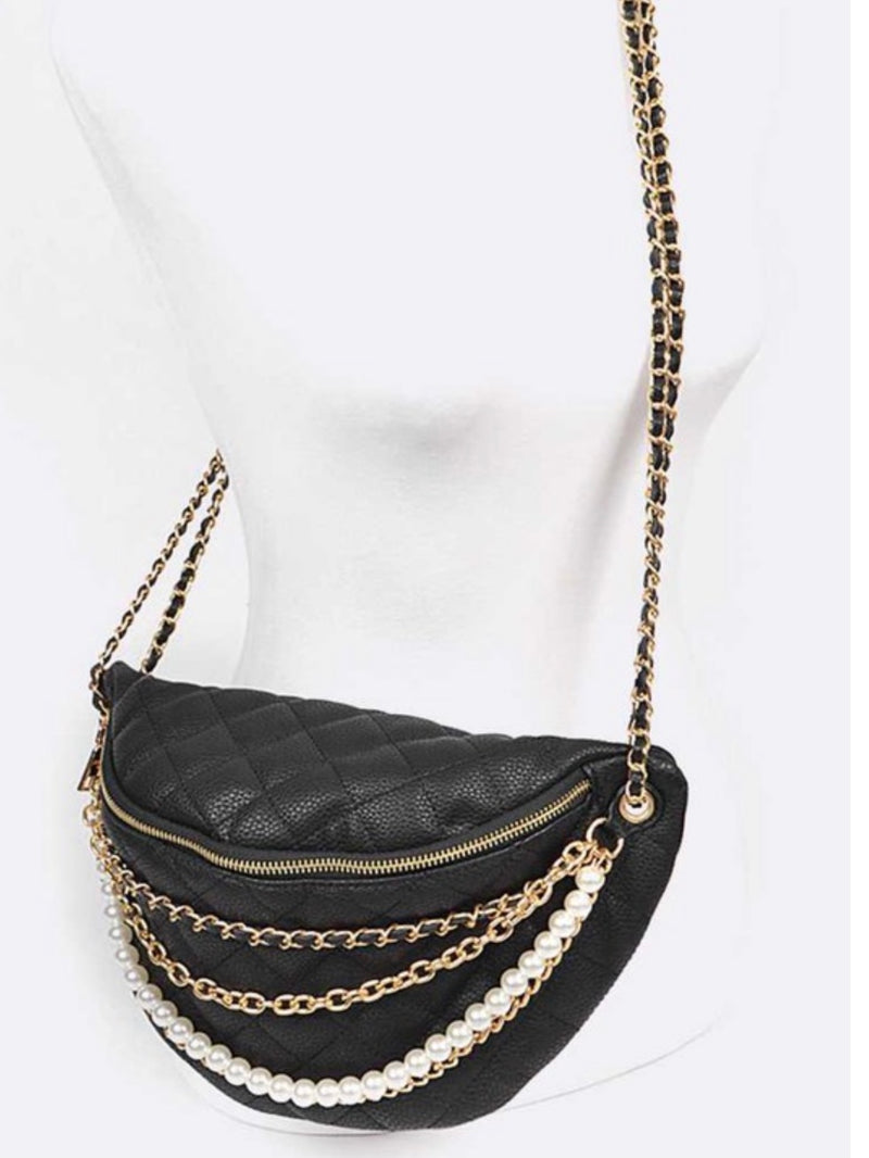 Black  Multi Chain Pearls Crossbody Fanny Pack