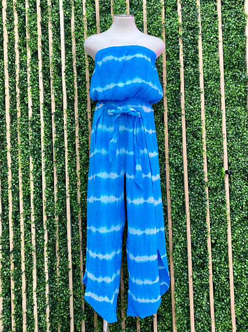 Aqua Tie Dye Strapless Jumpsuit