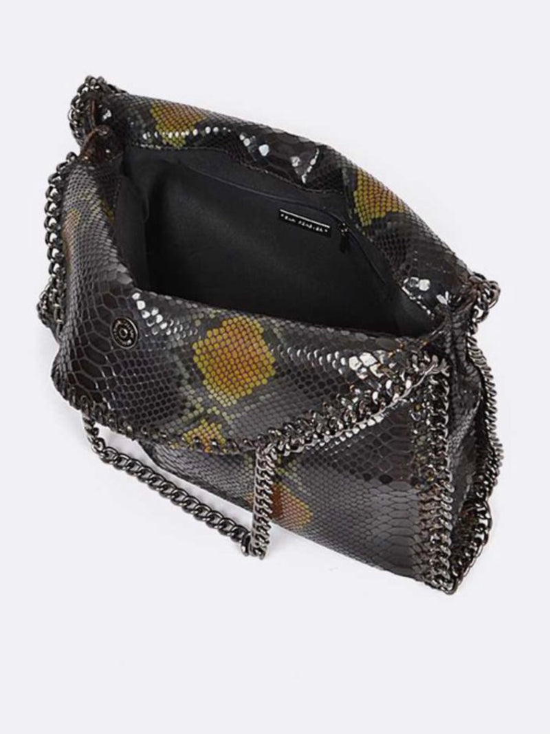 Black Chain Trim Snakeprint Hobo Bag