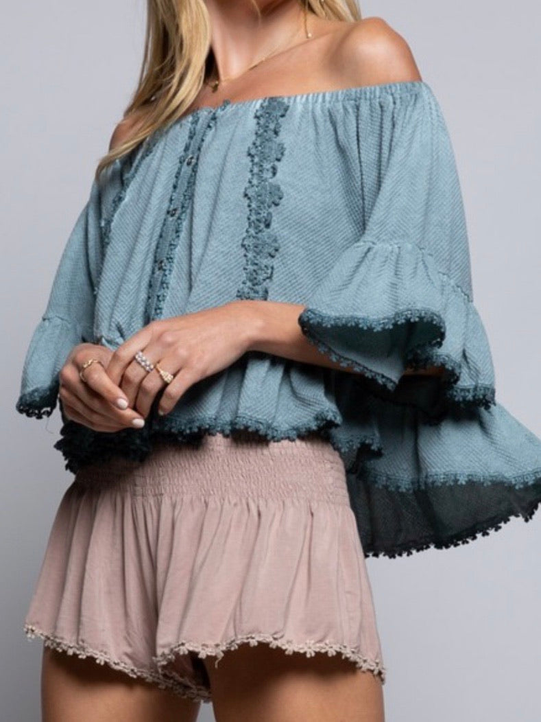 Blue Sage Flared Off Shoulder Top