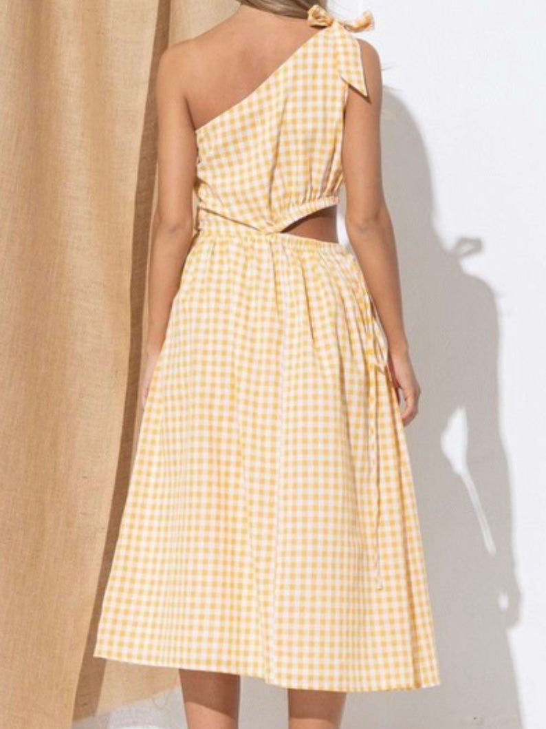 Yellow Plaid Cutout One Shoulder Midi Dress