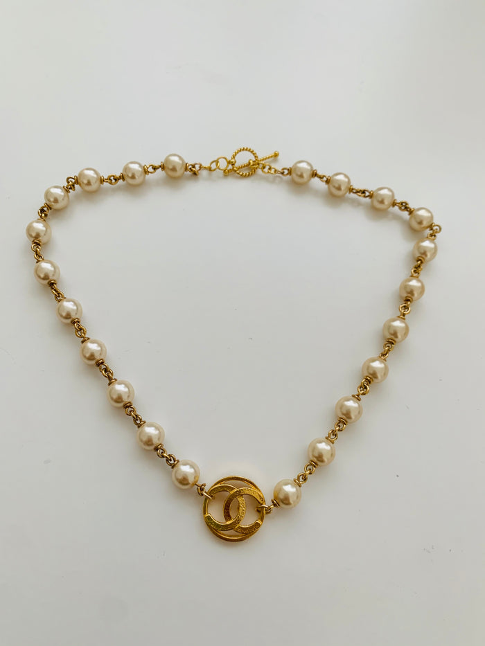 Vintage Cut-Out CC Repurposed Gold & Pearl Toggle Choker