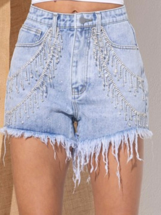 Rhinestone Drape Denim Short