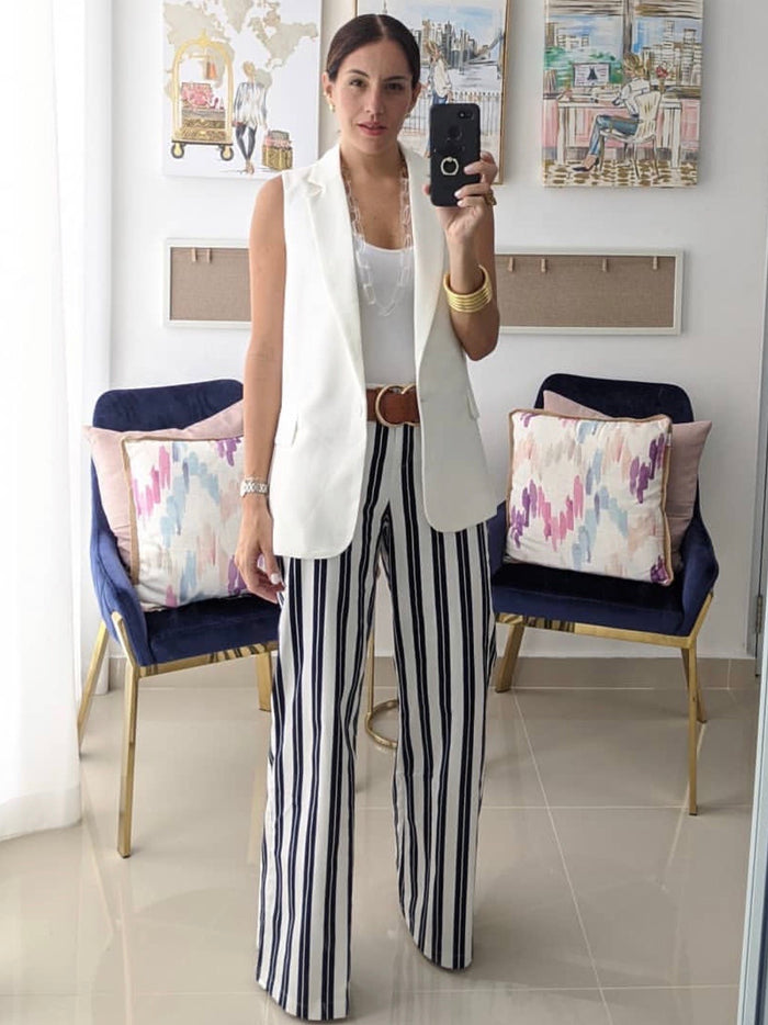Navy Striped Wide Leg Pants