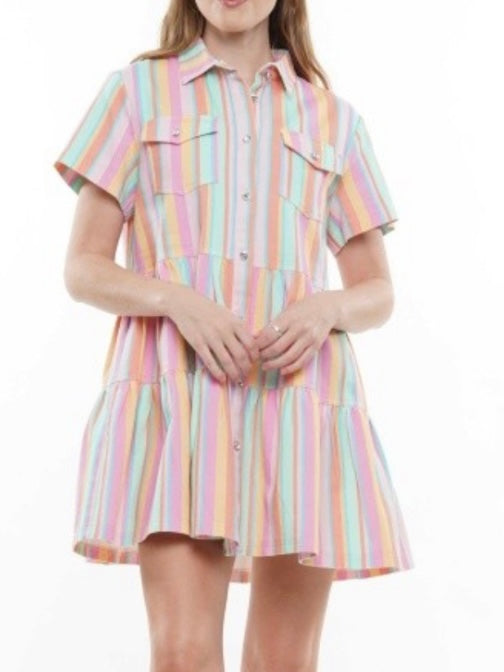 Multi Stripe Denim Tiered Short Dress