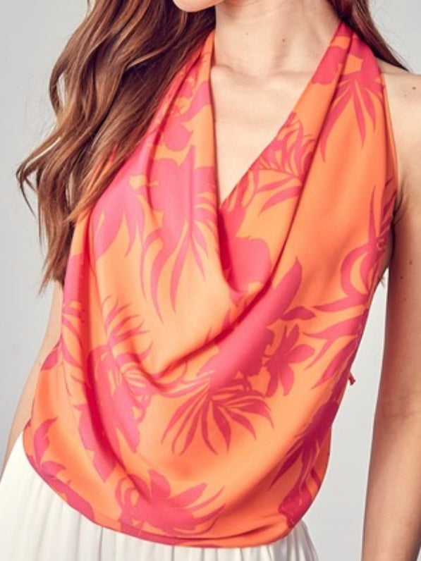 Papaya Print Cowl Neck Top