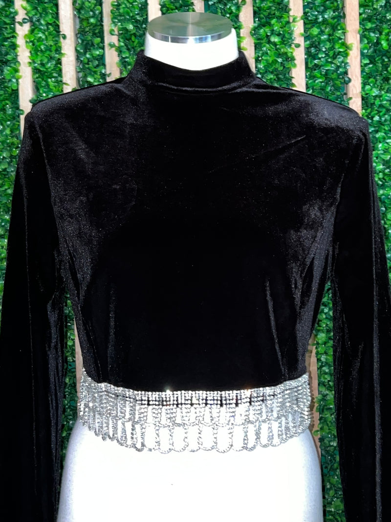 Rhinestone Trim Velvet Mock Neck Top