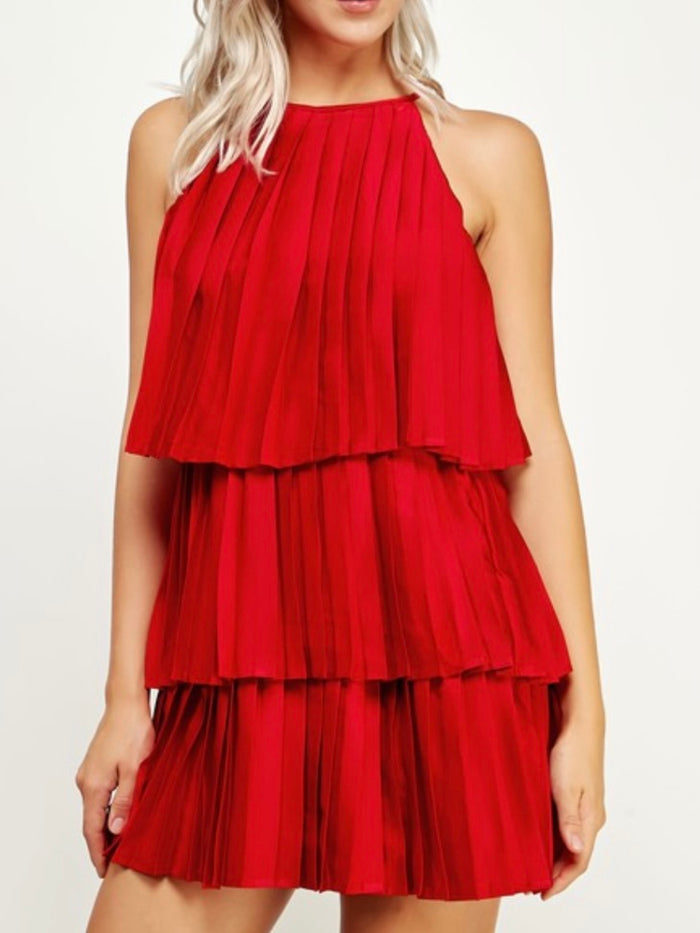 Red Pleated Tiered Short Dress