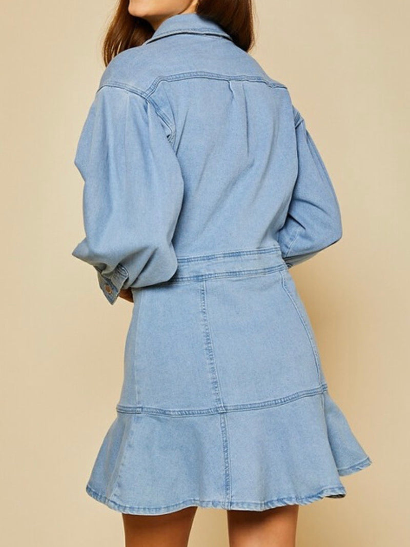 Ballon Sleeve Tiered Denim Mini Dress