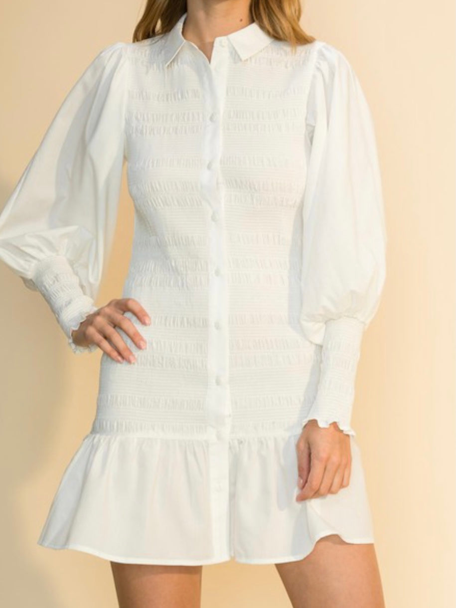 Balloon Sleeve Smocked Shirt Dress