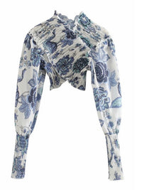 Blue Floral Print Wind Cross Top