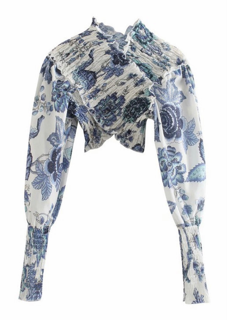 Blue Floral Print Wind Cross Top