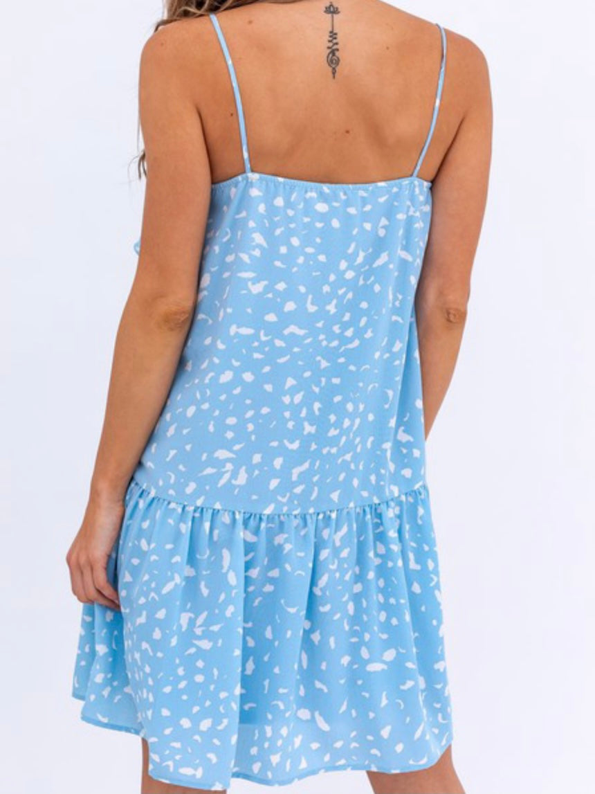 White Blue Ruffled Drop Waist Dress