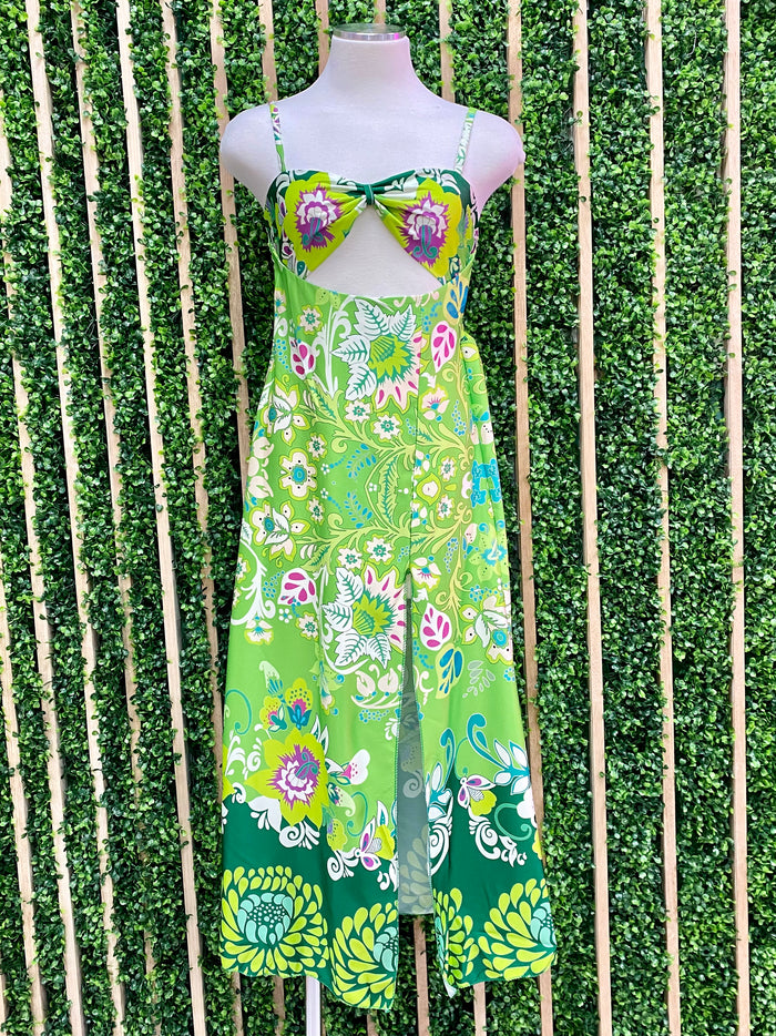 Satin Lime Floral Midi Dress