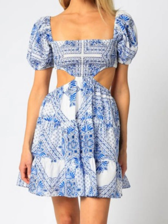 Blue Balloon Sleeve Cutout Short Dress