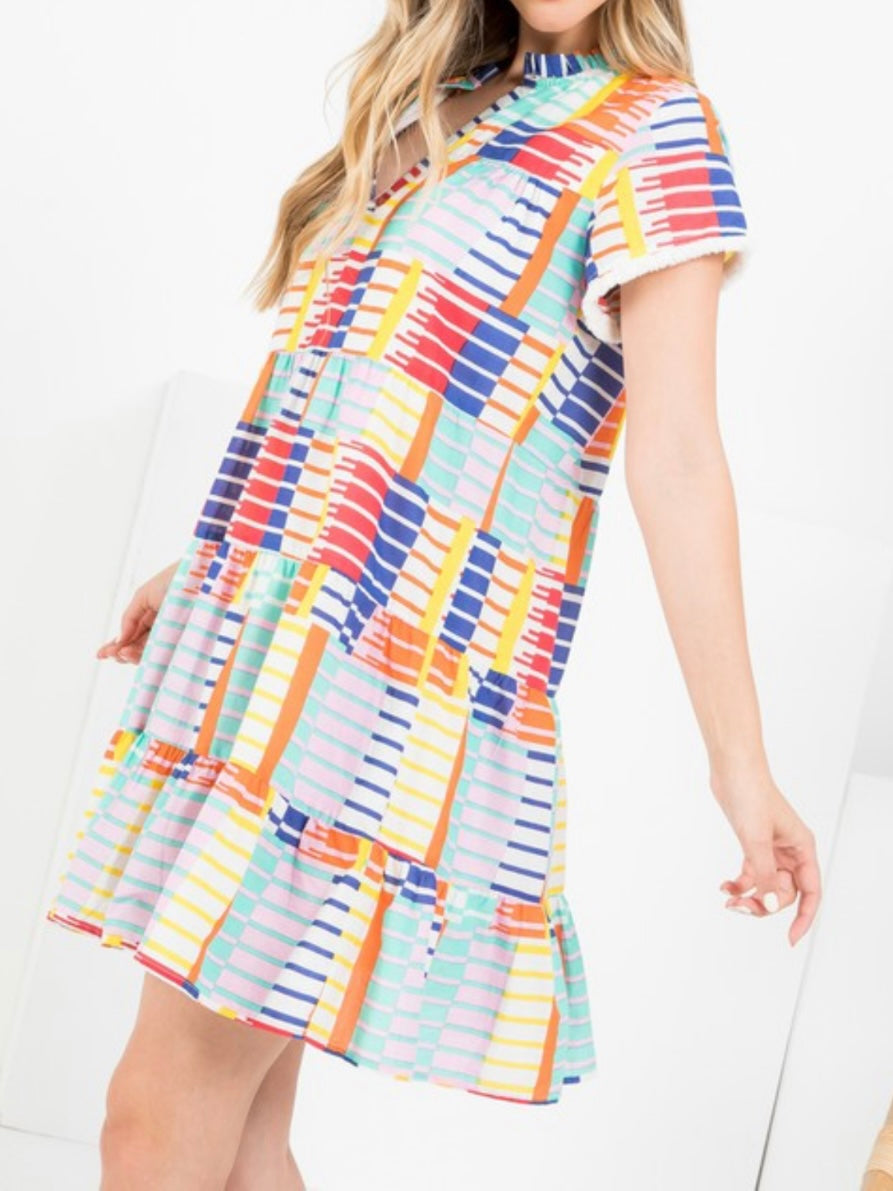 Multicolor Block Flutter Sleeve Dress