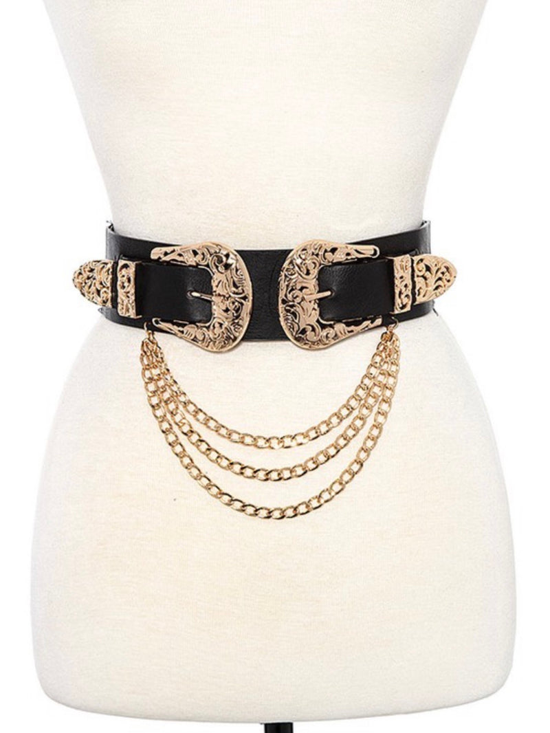 Filigree Buckle Draped Chain Belt