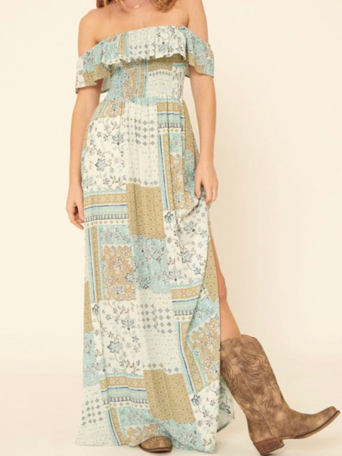 Off Shoulder Floral Patchwork Maxi Dress