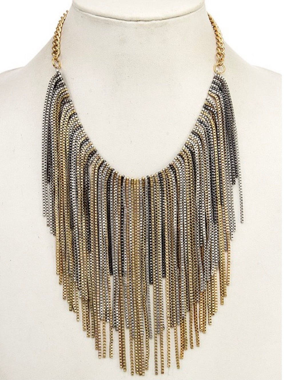 Multi Metallics Chain Fringe Bib Necklace