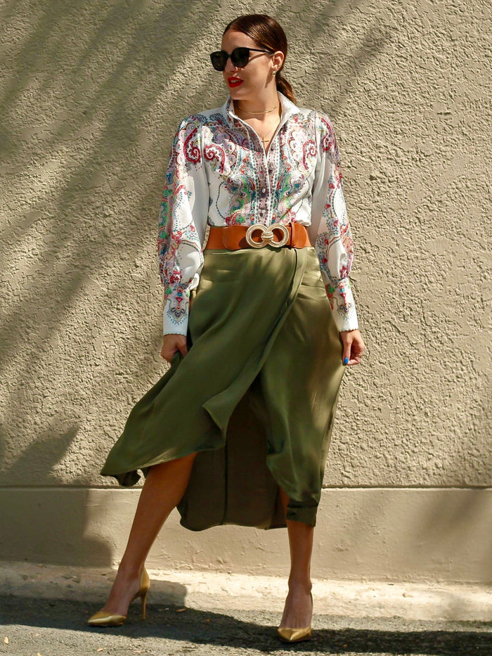 Olive Satin Asymmetric Skirt