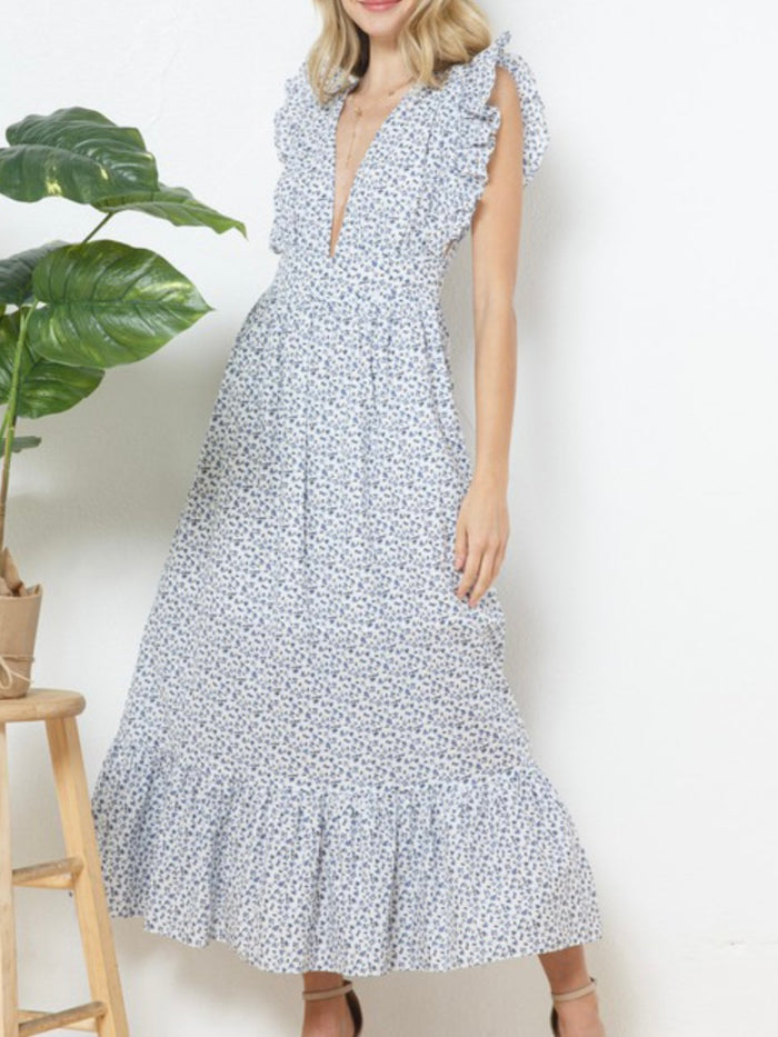 Blue Ditsy Ange Sleeve Maxi Dress