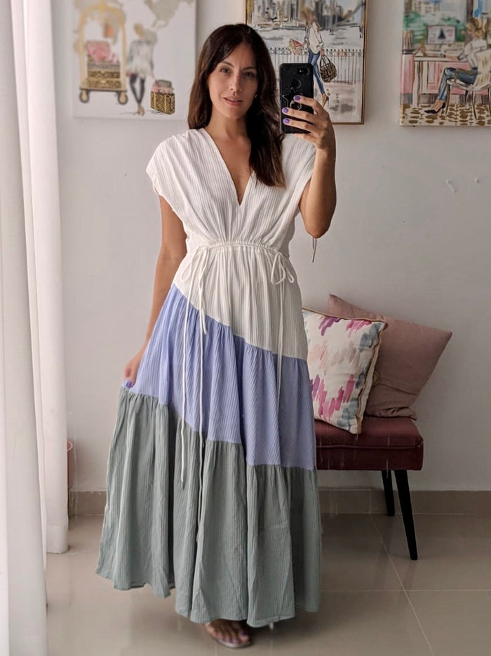 Deep V Color Block Layered Dress