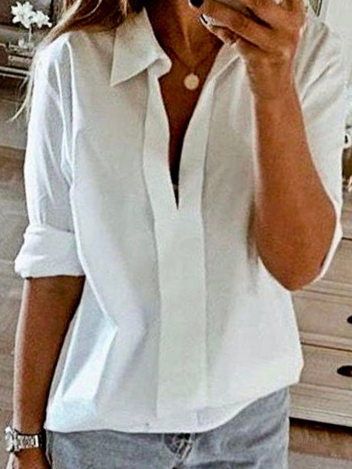 Turn Down Collar V Neck Blouse