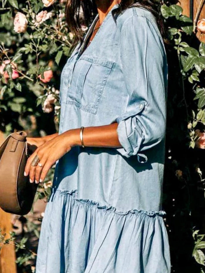 Roll Up Sleeve Tiered Denim Dress