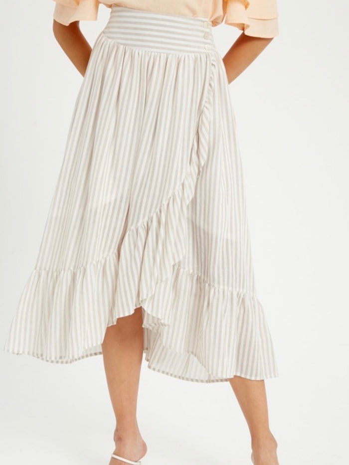 Taupe Striped Ruffle Wrap Skirt