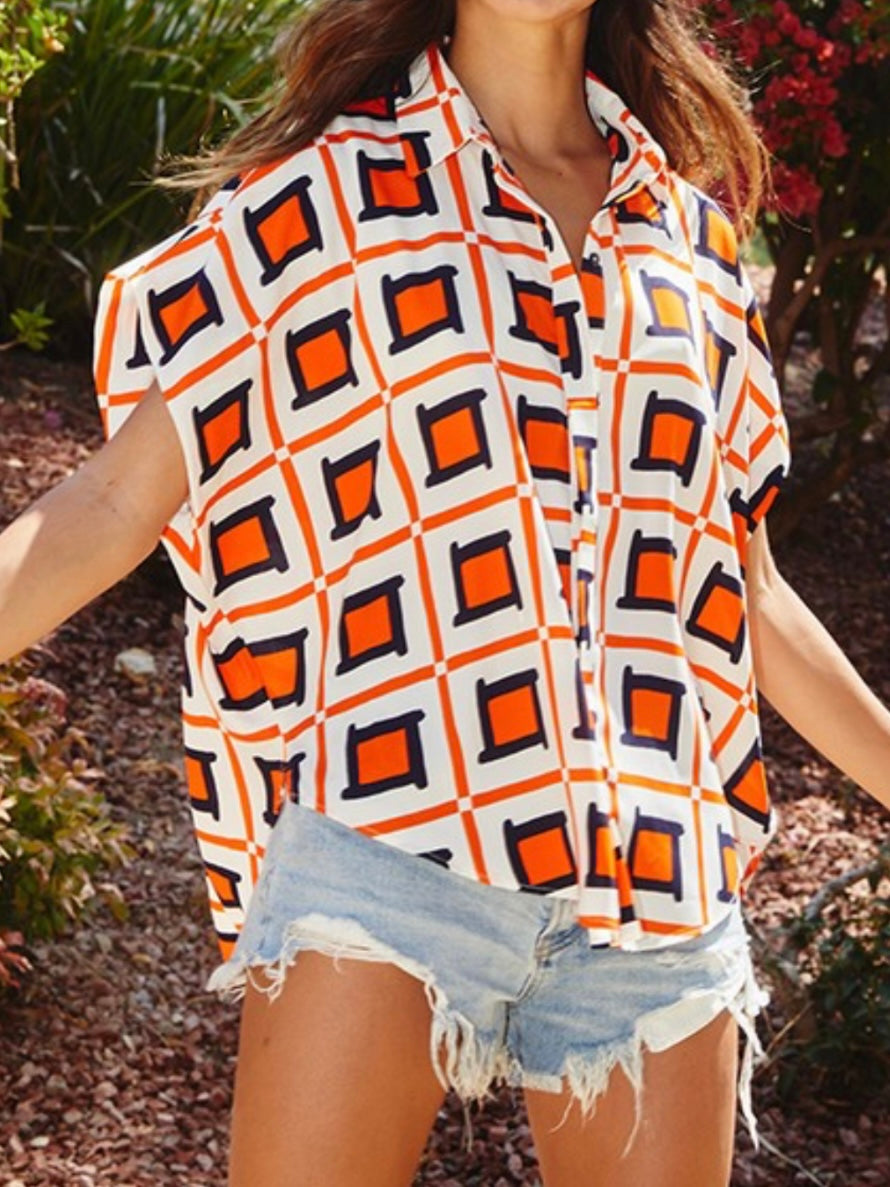 Orange Navy Squares Button Down Blouse