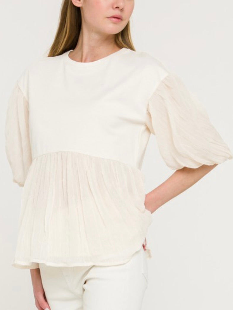 Beige Contrast Balloon Sleeve Top