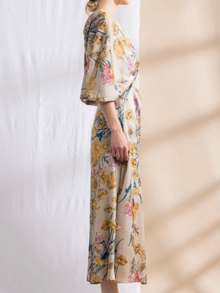 Gold Floral Cutout Kimono Midi Dress