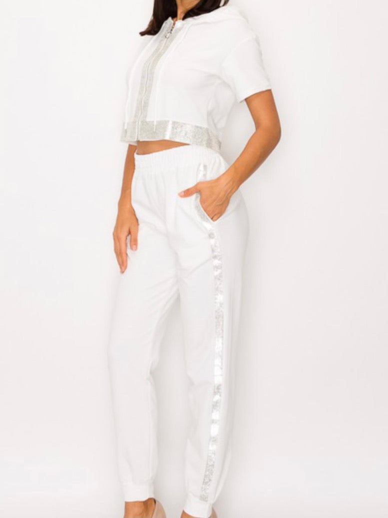 White Rhinestone Trim Jogger Set