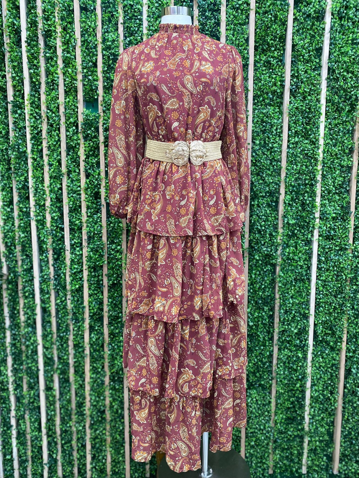 Burgundy Paisley Tiered Long Sleeve Maxi