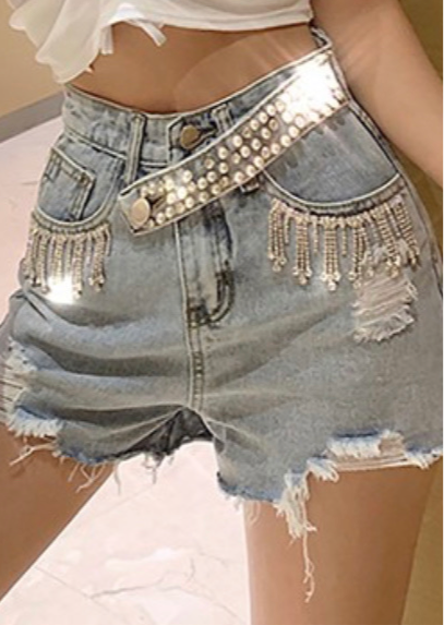 Rhinestone  Chains Pearl Denim Shorts