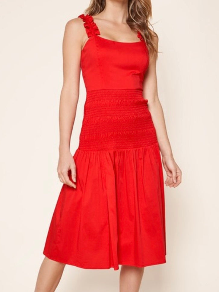 Red Sleeveless Smocked MIdi Dress