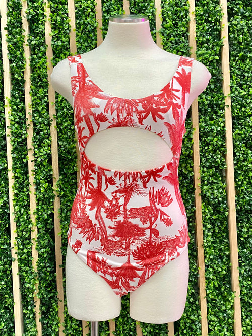Red Tropical Cutout One Piece Swimsuit