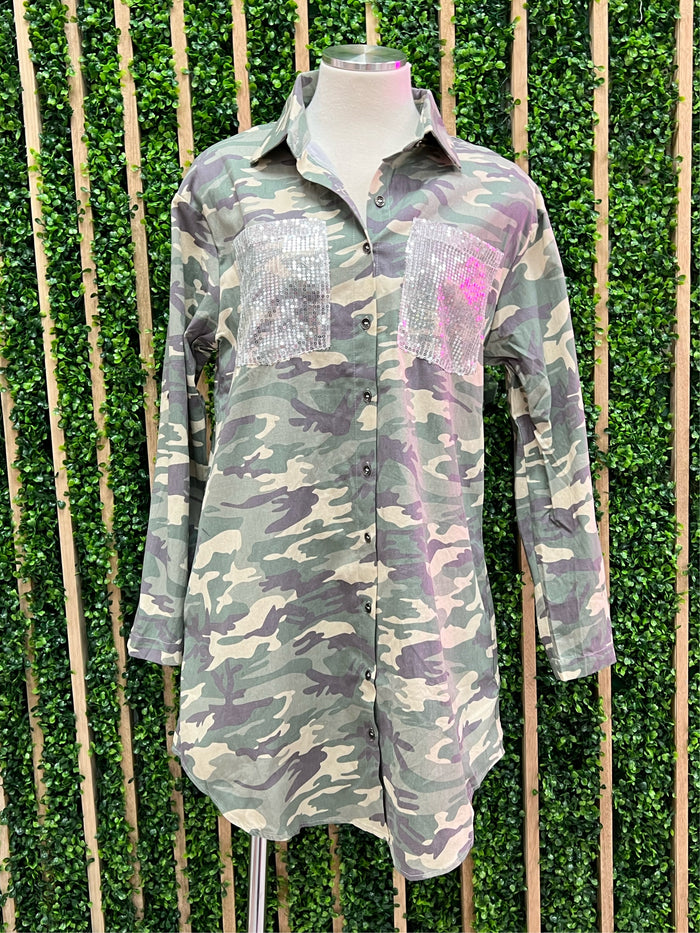 Sequin Detail Green Camo Button Down Dress