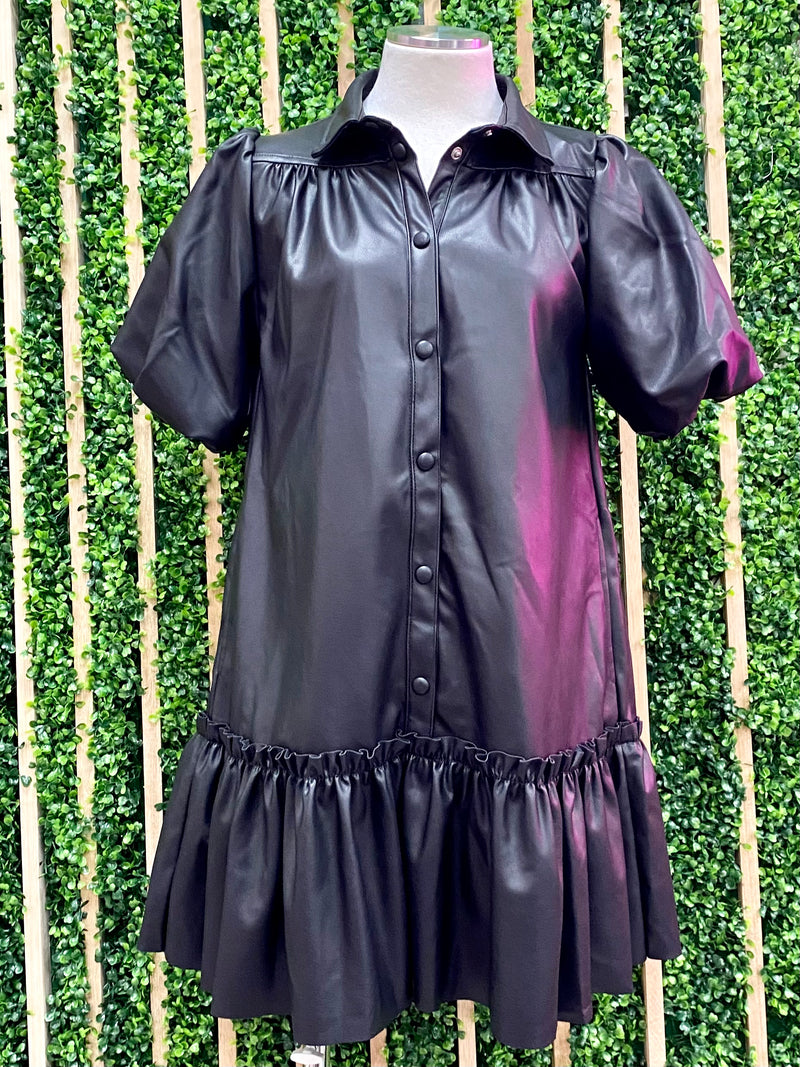 Black Balloon Sleeve Pleather Dress