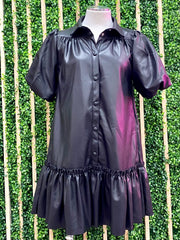 Black Balloon Sleeve Pleather Dress