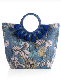 Blue Tropical Straw Tote