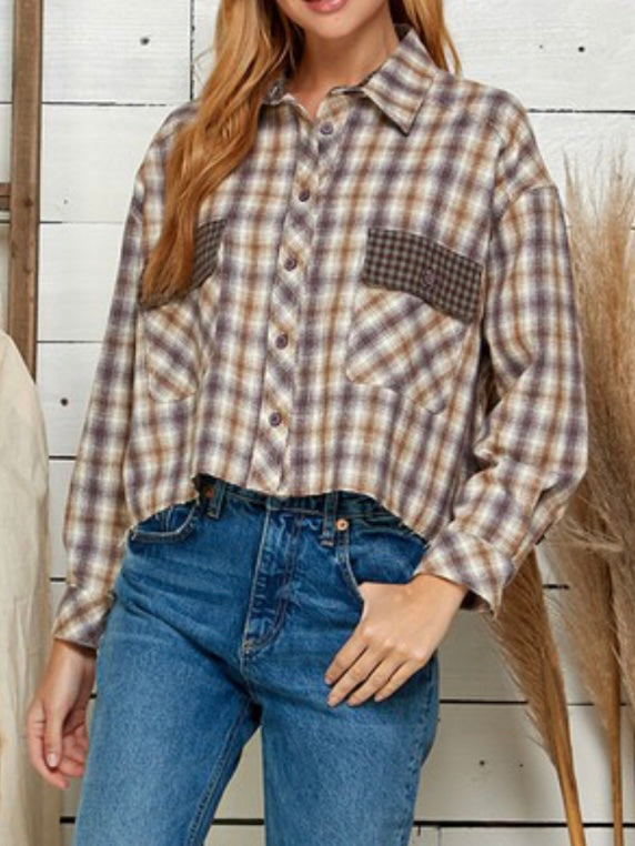 Multi Plaid Contrast Flap Button Down Blouse