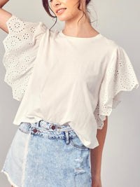 White Eyelet Flutter Sleeves Top