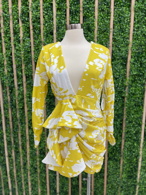 Yellow Print V Neck Short Dress